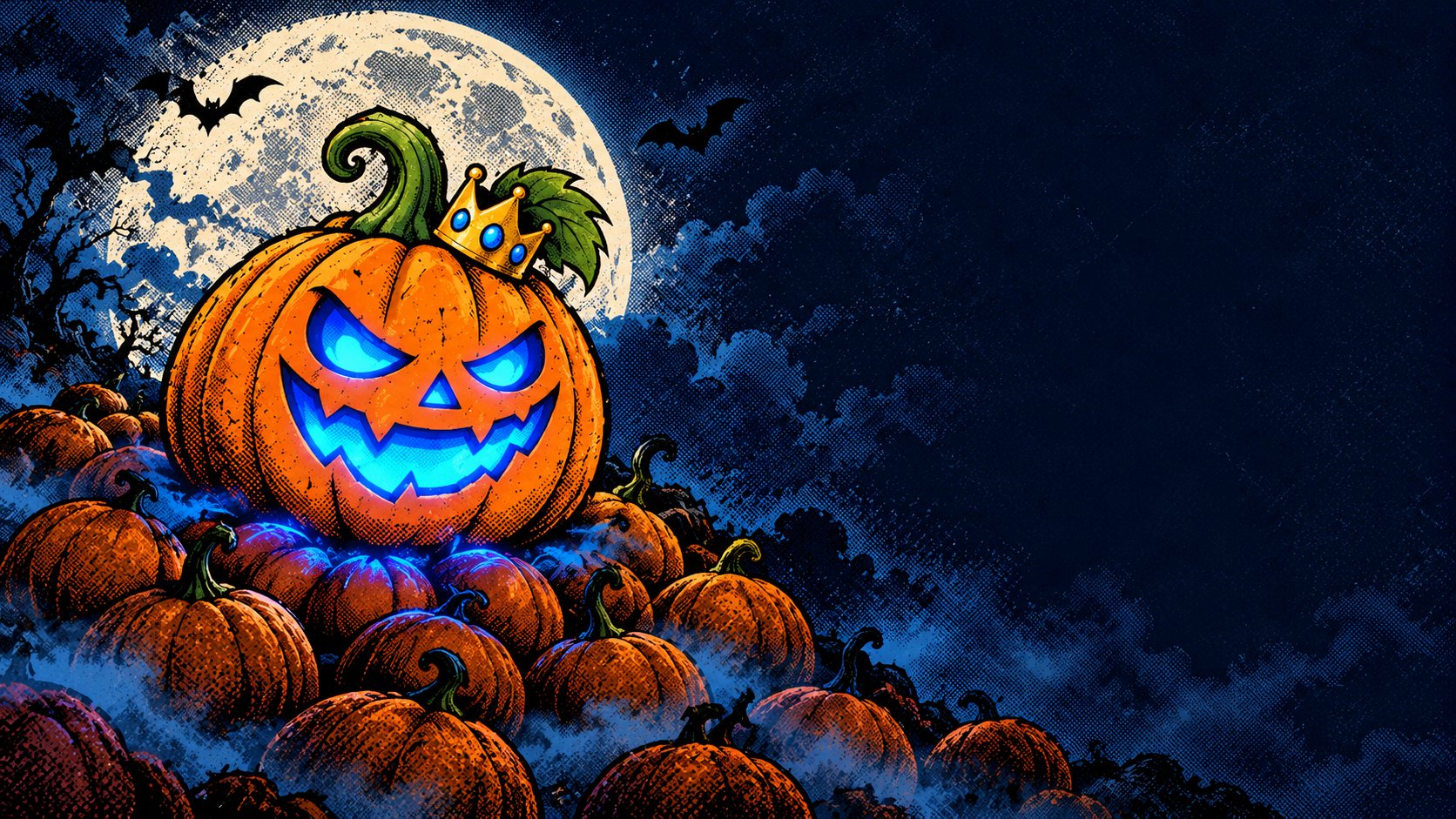 Jack o'Ultern, a crowned pumpkin with a glowing blue face, on a hill of pumpkins under the moon